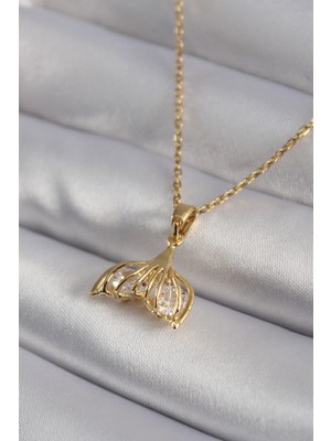 HERŞEYBURDAMODA 316L Çelik Gold Renk Zirkon Taşlı Balık Kuyruğu Model Kadın Kolye