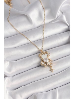 Bsre Gold Renk Zincir Ayna Ayıcıklı Taşlı Kalpli Kadın Kolye (316L Çelik)