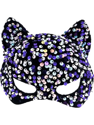 Hopinip Siyah Kadife Kumaş Üzerine Mor Beyaz Payetli Pullu Parti Maskesi 16X14 cm - Lisinya