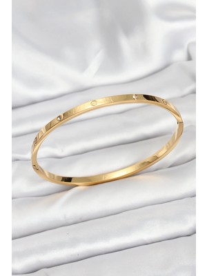 LTG Nova 316L Çelik Gold Renk Zirkon Taşlı 65 mm Ince Kadın Kelepçe Bileklik