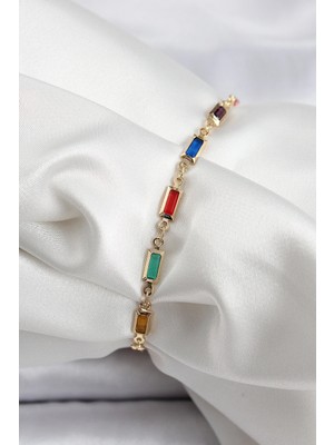 LTG Nova Pirinç Gold Renk Karışık Renkli Kare Zirkon Taşlı Kadın Bileklik