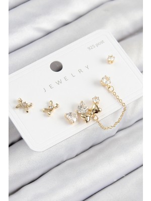 Hsc Bilişim Pirinç Zirkon Taşlı Fiyonk Model Gold Renk 925 Ayar Gümüş Çivi Kadın Küpe Set - TJ-BKP11156