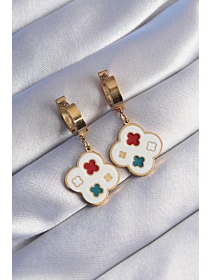 Hsc Bilişim 316L Çelik Gold Renk Renkli Mineli Yonca Küpe - TJ-BKP9026