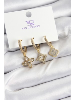 Hsc Bilişim Pirinç Zi̇rkon Taşlı Yonca Model Gold Renk 3'lü Kadın Küpe - TJ-BKP10949