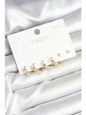 Hsc Bilişim Pirinç Gold Renk Zirkon Taşlı ve Incili Model 925 Ayar Gümüş Çivi Kadın Küpe Seti - TJ-BKP11277