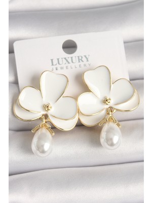 Hsc Bilişim Pirinç Gold Renk Beyaz Çiçek Model Damla Inci Detay Kadın Küpe - TJ-BKP10459