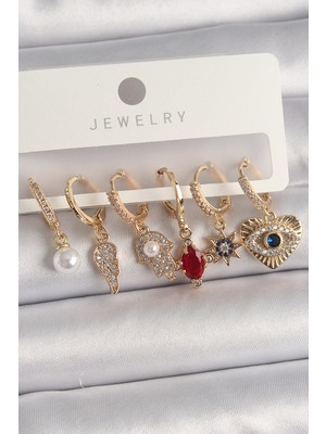 Hsc Bilişim Pirinç Gold Renk Sallantı Zirkon Taşlı Fatma Ana El Figür Kadın Küpe Seti - TJ-BKP10116