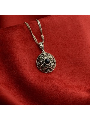 LTG Nova Gümüş Zincirli Oltu Taşlı Kalıp Desenli Kolye