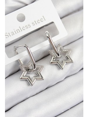 Hsc Bilişim Pirinç Zirkon Taşlı Yıldız Model Gümüş Renk Kadın Küpe - TJ-BKP11100