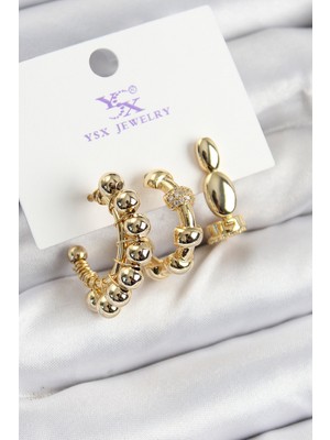 Hsc Bilişim Pirinç Zi̇rkon Taşlı Halka Model Gold Renk 3'lü Kadın Küpe - TJ-BKP10941