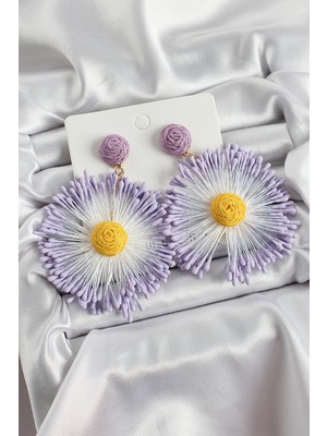 Hsc Bilişim Mor Püsküllü Papatya Figürlü Hasır Örgü Model Gold Renk Kadın Küpe - TJ-BKP10734