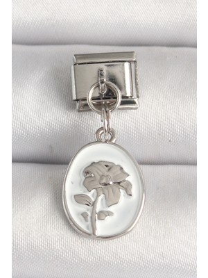 LTG Nova 316L Çelik Gümüş Renk Çiçek Işlemeli Beyaz Portre Model Nomination Charm