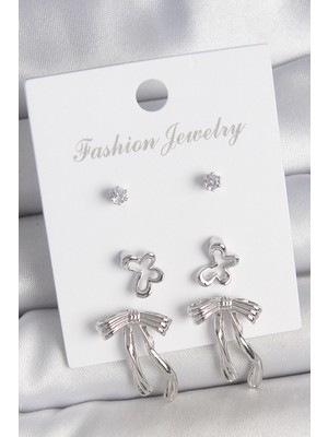 Hsc Bilişim Pirinç Gümüş Renk Zirkon Taşlı Fiyonk Model Detay 3 Çift Kadın Küpe - TJ-BKP10597