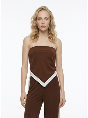 Quzu Sırtı Gipeli Straplez Crop Bluz Kahverengi