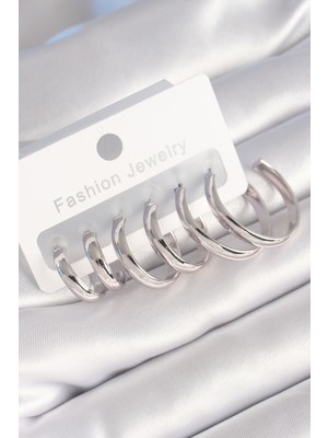 Hsc Bilişim Pirinç Gümüş Renk Yassı Halka Model Kadın Küpe Seti - TJ-BKP8776