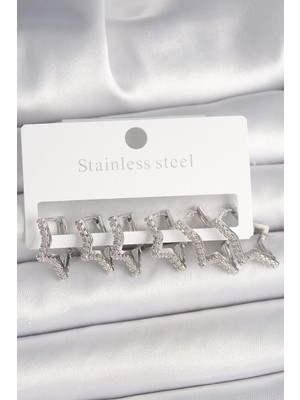 Hsc Bilişim Pirinç Gümüş Renk Zirkon Taşlı 3 Çift Yıldız Model Kadın Küpe - TJ-BKP10331