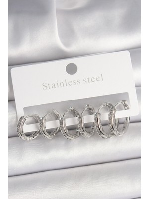 Hsc Bilişim Pirinç Gümüş Renk Zirkon Taşlı 3 Çift Halka Model Kadın Küpe - TJ-BKP10329