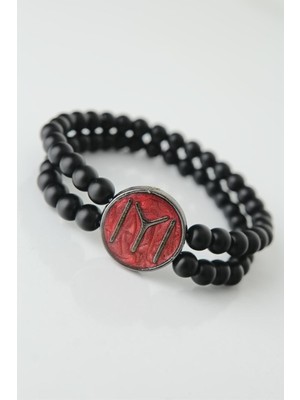 Maral Group Bordo Metal Üzerine Füme Kayı Boyu Figürlü Siyah Renk Çift Sıra Doğal Taş Erkek Bileklik