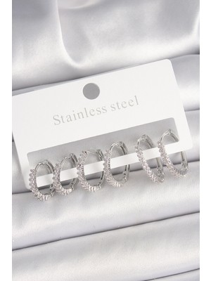 SHC4200 Pirinç Gümüş Renk Zirkon Taşlı 3 Çift Halka Model Kadın Küpe - TJ-BKP10335