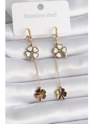 SHC4200 316L Çelik Gold Renk Sedefli Yonca Model Zirkon Taş Detay Kadın Küpe - TJ-BKP9573