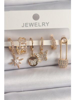 Pazarcan Pirinç Gold Renk Zirkon Sallantı Zirkon Taşlı Inci Detay Figür Kadın Küpe Seti