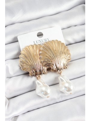 SHC4200 Pirinç Istiridye Model Sallantılı Inci Detaylı Gold Renk Kadın Küpe - TJ-BKP10745