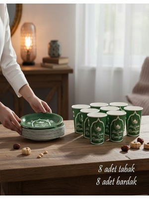 Brokoli Home Hoşgeldin Ramazan 8 Adet Karton Tabak 8 Adet Karton Bardak Yeşil Renk Ramazan Set 22 cm
