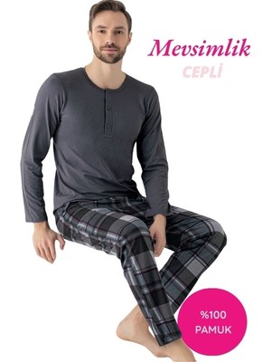 Seamlife Erkek Antrasit Ekose Desen %100 Pamuk Mevsimlik Uzun Kol Cepli Pijama Takımı