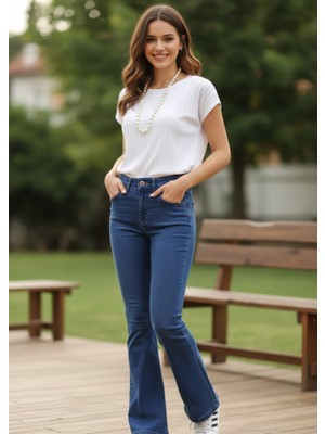 Alpaco Yüksek Bel Ispanyol Paça %100 Pamuk Likralı Jean Pantolon