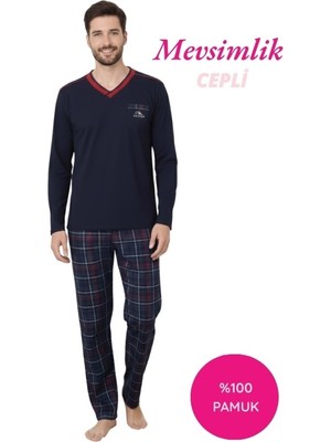 Alimer Erkek Lacivert Ekose Desen V Yaka Düğmesiz %100 Pamuklu Mevsimlik Uzun Kol Cepli Pijama Takımı
