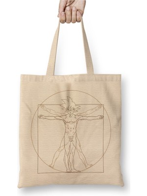 Toyaso Dragon Ball Z Vitruvian Goku Beyaz Bez Çanta Uzun Saplı Alışveriş Çantası Plaj Çantası