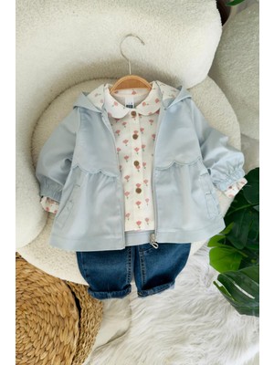Miniğimin Cicileri Lale Desenli Gömlekli Kapüşonlu Ceketli Kız Bebek 3 Lü Takım - Bebe Mavi