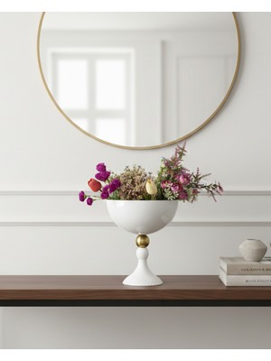 Decodelight Beyaz Dekoratif Desenli Metal Ayaklı Eskitme Toplu Küre Salon Düğün Nişan Vazo Masa Dekor