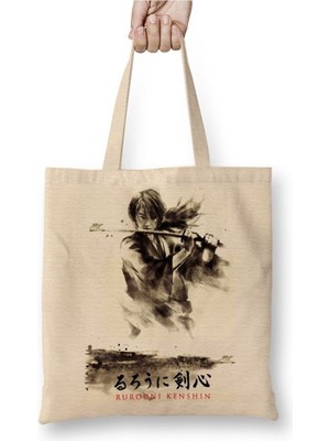 Toyaso Rurouni Kenshin Samurai x Beyaz Bez Çanta Uzun Saplı Alışveriş Çantası Plaj Çantası