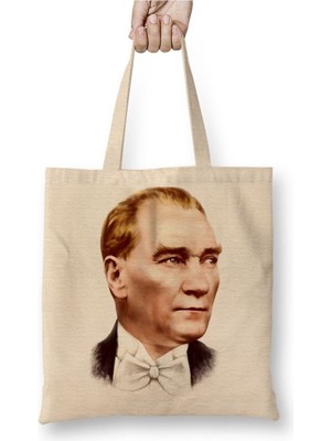 Toyaso Mustafa Kemal Atatürk 06 Beyaz Bez Çanta Uzun Saplı Alışveriş Çantası Plaj Çantası
