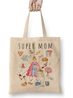 Toyaso Supermom Süperanne Anneler Günü 02 Beyaz Bez Çanta Uzun Saplı Alışveriş Çantası Plaj Çantası