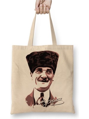 Toyaso Mustafa Kemal Atatürk Beyaz Bez Çanta Uzun Saplı Alışveriş Çantası Plaj Çantası