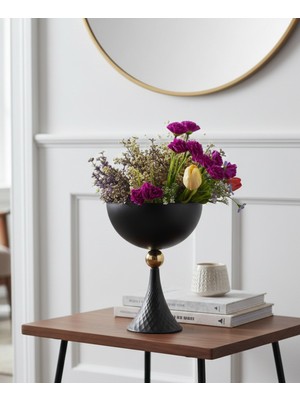 Decodelight Siyah Dekoratif Desenli Metal Ayaklı Gold Toplu 20 cm Küre Salon Düğün Nişan Vazo Masa Dekor