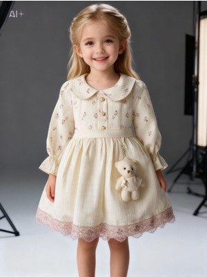 Lunas Tekstil Muslin Kumaşlı Ayıcık Aksesuarlı Elbise