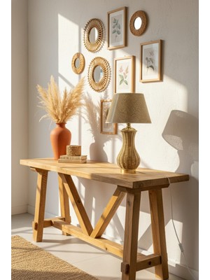 Decodelight Metal Gold Ayak Hasır Rattan Örmeli Gövde Hazeran ve Kumaş Şapkalı Bohem Abajur Masa Lambası