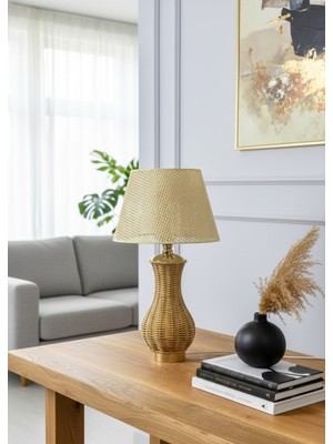 Decodelight Metal Gold Ayak Hasır Rattan Örmeli Gövde Hazeran ve Kumaş Şapkalı Bohem Abajur Masa Lambası