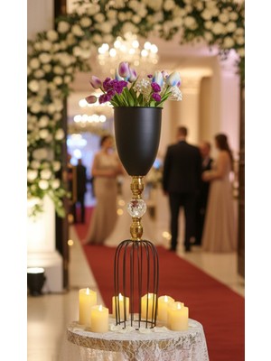 Decodelight Siyah Dekoratif Modern Kristal Taşlı Tel Ayaklı Gold Detaylı Bahçe Teras Ev Çiçeklik Vazo Dekor