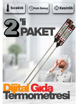 Dijital LCD 2 Adet Siyah Renk Gıda Yemek Termometresi Yemek Isı Ölçer Pil Hediyeli