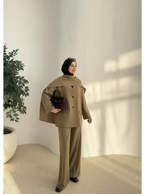 Moda Aksa 6003 Fularlı Blazer Ceket Takım Soft Yeşil