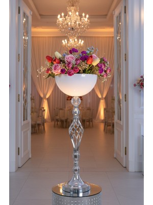 Decodelight Krom Dekoratif Modern Kristal Taşlı Burgu Ayaklı Beyaz 25 Cm. Çap Bahçe Teras Ev Çiçeklik Vazo Dekor
