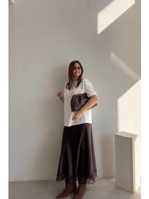 Kahverengi Dantelli Saten Etek