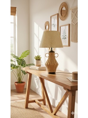 Decodelight Metal Gold Ayak Testi Model Hasır Rattan Örmeli Gövde Krem Hasır Hazeran Şapkalı Abajur