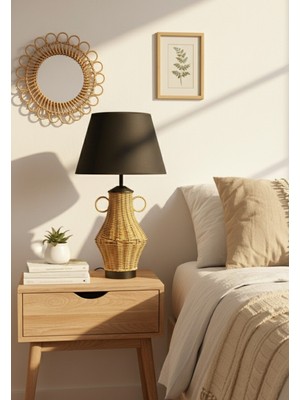 Decodelight Metal Gold Ayak Testi Model Hasır Rattan Örmeli Gövde Hazeran ve Kumaş Şapkalı Abajur