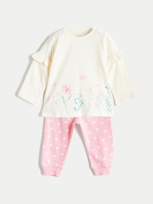 Lc Waikiki Yeni Sezon Çiçekli Kız Bebek Tişört ve Pantolon 2'li