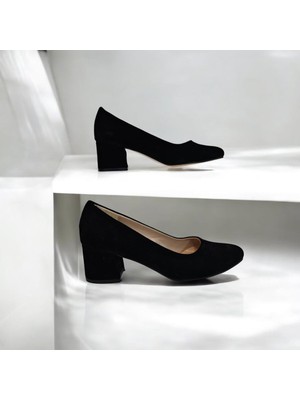 Fiyra 7028 Siyah Süet 5cm Kare Topuklu Bayan Stiletto Ayakkabı